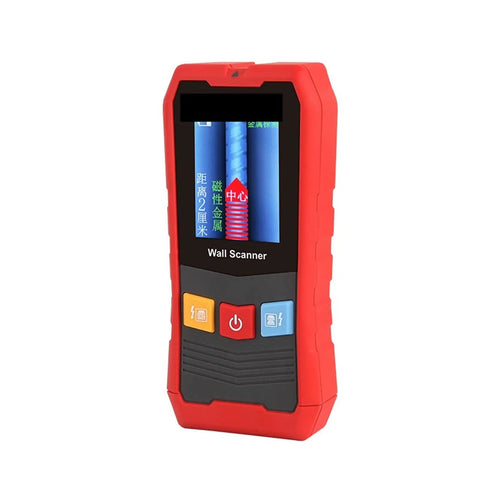 No Nonsense 4 In 1 Stud Finder Wall Scanner displays screen with buttons, designed for detecting moisture, metal, and more.