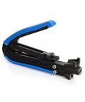 Coax Cable Crimping Tool Kit With Adjustable F Connectors For RG6 RG59 RG11 Includes 10 RG6 F Compression Connectors Stripping Capability 75-5 And 75-7 Compatible Heavy Duty Pro Grade Non Slip Grip Blue, tool with blue handle.