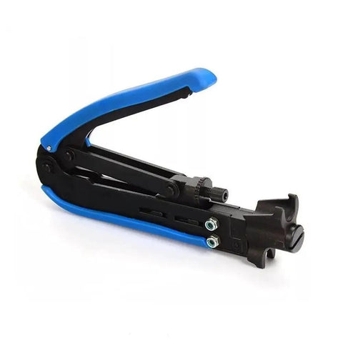 Coax Cable Crimping Tool Kit With Adjustable F Connectors For RG6 RG59 RG11 Includes 10 RG6 F Compression Connectors Stripping Capability 75-5 And 75-7 Compatible Heavy Duty Pro Grade Non Slip Grip Blue, tool with blue handle.
