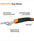 Ergo Weeder Tool For Weeding, Heavy Duty Gardening Hand Tool With Ergonomic Handle And Hanging Hole, Cast Aluminum Angled Head