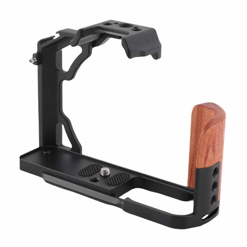 Wood Handle Metal Camera Cage for ZFC With Vertical Rig Design Cold Shoe Mount and multiple screw holes, front view.