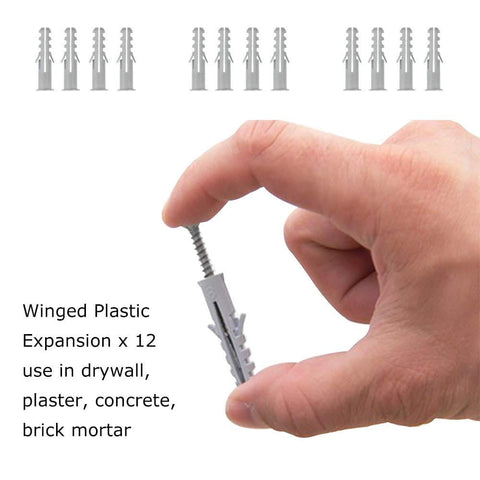 Hand holding plastic expansion anchor from Heavy Duty Shade Sail Hardware Kit For Rectangle And Square Sails, 5 Foot Installation, Marine Grade 304 Stainless Steel, Includes Turnbuckles Pad Eyes Snap Hooks Screws And All Essential Hardware For Deck Garden And Patio.