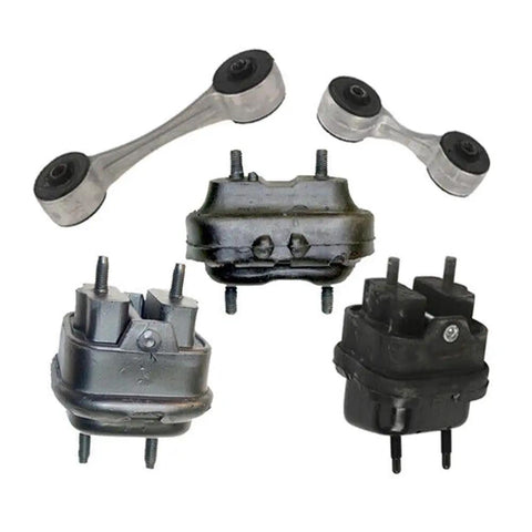 Smooth Rolling Heavy Duty Engine And Transmission Motor Mount Set Complete Five Piece Replacement Kit For Four Point Six Liter Engines Built Tough Powertrain Setup includes four motor mounts in various shapes.
