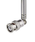 Close-up of BNC male connector on 7-section telescopic police radio scanner antenna, 20MHz-1300MHz, shown extended at connector.
