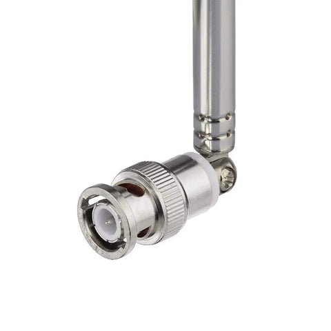 Close-up of BNC male connector on 7-section telescopic police radio scanner antenna, 20MHz-1300MHz, shown extended at connector.
