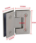 Rock Solid Heavy Duty Frameless Shower Glass Hinges Set 304 Stainless Steel Adjustable 90 135 180 Degree size dimensions 55mm x 90mm