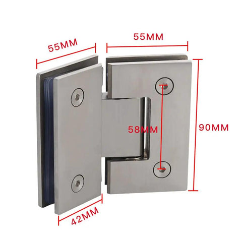 Heavy Duty Glass Shower Hinge Adjusts To 90 135 Or 180 Degrees Crafted From Premium 304 Stainless Steel, dimensions 55mm x 90mm.