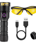 12W 365nm UV Flashlight USB C Rechargeable Long Range Black Light For Urine Detection, glasses, USB cable, battery cap
