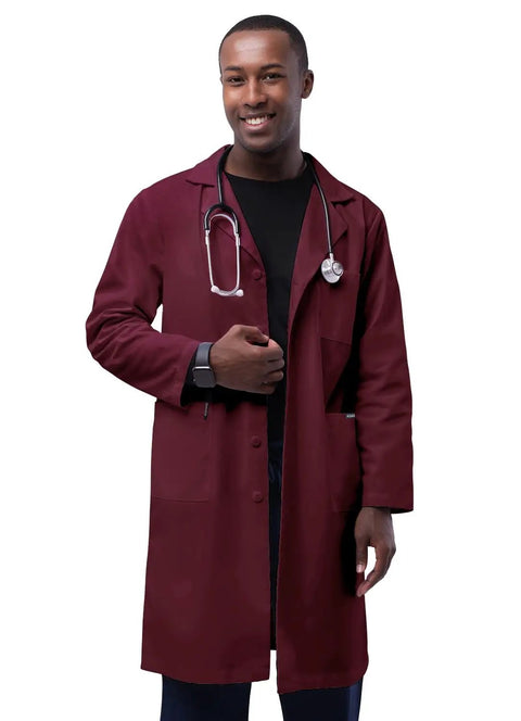 Unisex Burgundy 39 Inch Lab Coat With Two Large Patch Pockets, Two Inner Pockets And Chest Pocket, Adjustable Back Belt, Walking Slit, And Side Vents, Durable Professional Coat For Nurses And Doctors worn by model.