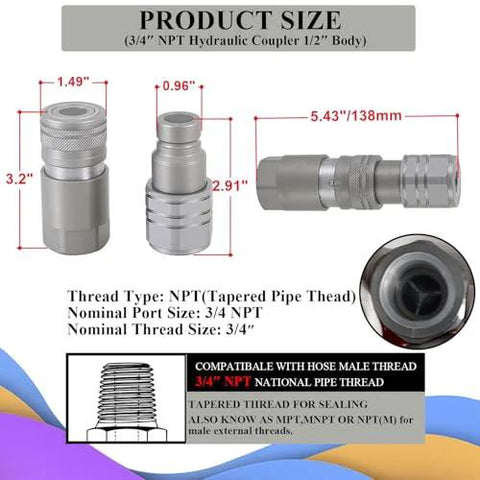 Amazon hydraulic quick-connect coupler set, 3/4 in NPT, flat-face fittings, metal silver, ISO 16028 compatible