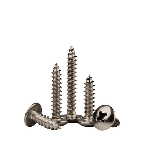 50 Piece Lot M4 X 20 Millimeter Phillips Cross Recessed Self Tapping Screws With Round Mushroom Pan Heads stacked up.