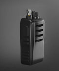 Handheld scanner with F Type Male To SMA Female Coax Connectors Pack Of 2 for SDR Handheld Antennas, black body, in side view.