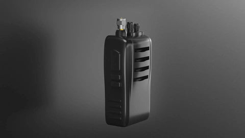 Handheld scanner with F Type Male To SMA Female Coax Connectors Pack Of 2 for SDR Handheld Antennas, black body, in side view.
