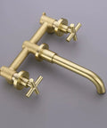 Dope Brushed Gold Wall Mount Bathroom Faucet With Concealed Vessel Sink, Dual Cross Handles, Brass Rough-In Valve, 8.18 Inch Swivel Spout, Floating Installation Height, Durable Solid Brass Construction, Easy Install Modern Vanity Faucet.