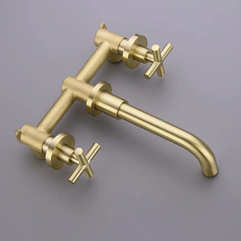 Dope Brushed Gold Wall Mount Bathroom Faucet With Concealed Vessel Sink, Dual Cross Handles, Brass Rough-In Valve, 8.18 Inch Swivel Spout, Floating Installation Height, Durable Solid Brass Construction, Easy Install Modern Vanity Faucet.