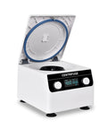 Compact Benchtop Lab Centrifuge Running Silky Smooth And Quiet with open lid and digital display for eight microtubes.