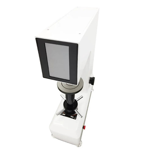 Badass Desktop Digital Rockwell Hardness Tester Featuring Slick Touch Screen And Microcomputer Control For Bullseye Accuracy On Raw Alloy Surfaces Hrts 150 top view with touch screen and test platform.