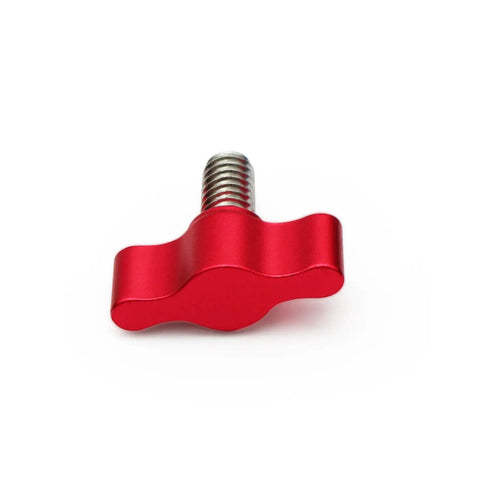 Red adjustable aluminum tee wing knob with stainless steel threaded screw for easy clamping, part of Top Shelf 4 Pack Of 1/4-20 X 3/4 Inch Stainless Steel Thumb Screws Paired With Red Adjustable Tee Wing Aluminum Knobs For Hassle Free Clamping Quick Adjustments And Rock Solid Grip On Jobs And Gear Builds.