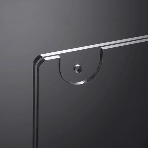 Close-up of Clear Acrylic Wall Mount Sign Holder 8.5 By 11 Inches Horizontal, mounting hole detail, 6 pack.