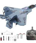 F22 Raptor RC Plane With LED Lights 4CH 3D 6G Gyro 2.4GHz Remote Control Fighter Jet Beginner Friendly Outdoor RC Aircraft shown with controller, batteries, and accessories.