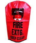 The Real Deal Heavy Duty Fire Extinguisher Cover With Slick Clear View Window Certified Top Shelf Armor For Twenty Pound Units Indoors Outdoors Bright Red Shield protecting a 20-pound fire extinguisher.