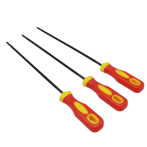 Three Pack 5/32 Inch Chainsaw Chain Sharpening Files Round Sharpener Set With Plastic Handles Carbon Steel Premium Bearing Steel For Chainsaws 11 Inch Length Easy Grip And Quick Maintenance