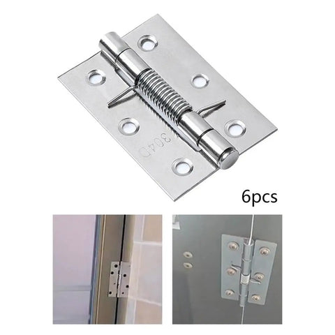 6 Pack 3 Inch Spring Loaded Door Hinges Self Closing Stainless Steel Hardware for Heavy Duty Use in garage and home doors.