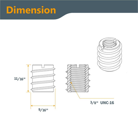 Technical diagram of 50 Pack Three Eighths By Sixteen Beefy Threaded Wood Inserts For Hardwood Softwood And Plywood Anti Rotation Nut Inserts
