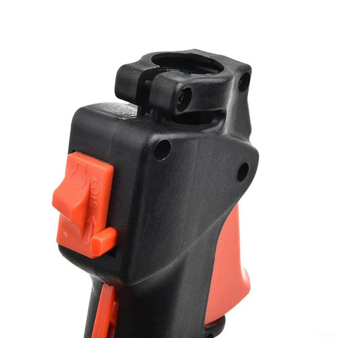 Close-up of Throttle Handle Switch Assembly For Multi Tool Brush Cutter With Kill Switch, 26mm Pipe, Trigger Cable, Orange Wire Harness.