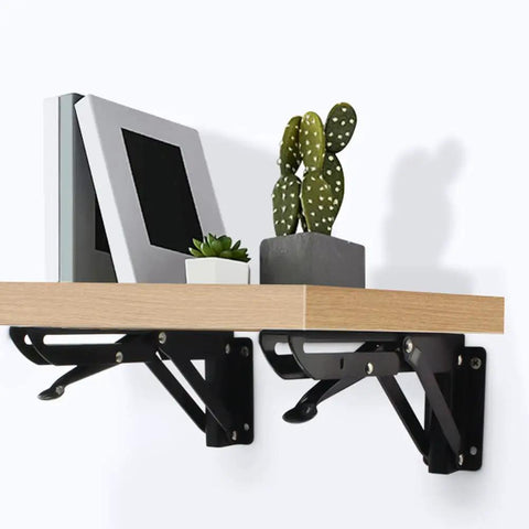 Premium Black Corner Shelving Brackets Wall Mount Storage Heavy Duty Steel Folding Shelf Supports with wood shelf and decorations.