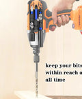 Close-up of Two Pack Magnetic Drill Bit Holder Set for Impact Drivers and Drills in use on an orange drill.