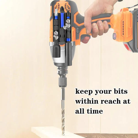 Close-up of Two Pack Magnetic Drill Bit Holder Set for Impact Drivers and Drills in use on an orange drill.