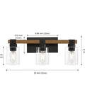 Dimensional diagram of Farmhouse 3 Light Vanity Fixture With Rustic Wood And Clear Glass Shades For Bathroom Bedroom Or Hallway