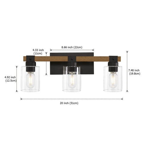 Dimensional diagram of Farmhouse 3 Light Vanity Fixture With Rustic Wood And Clear Glass Shades For Bathroom Bedroom Or Hallway
