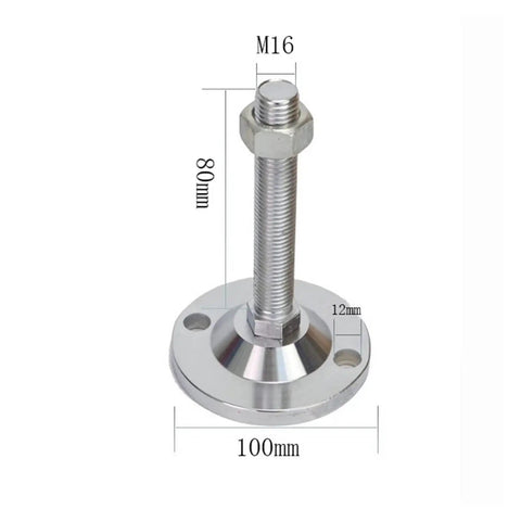 Straight Up Heavy Duty Adjustable Leveling Feet Four Pack M16 Screw Mount Carbon Steel Nickel Coated Furniture Support Plates 100Mm Wide Base close-up of a leveling foot with dimensions.
