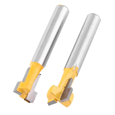 Premium Yellow T Slot Router Bit Set Perfect For Woodworking Pros Wanting Durable Cutters With Carbide Edges For Electric Trimmers In Both 3/8 And 1/2 Inch Sizes For Awesome DIY Projects And Serious Shop Work. Two carbide edge router bits in 3/8 and 1/2 inch sizes.