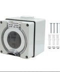 Built Like A Tank 30 Amp Weatherproof Outdoor Power Outlet Box for EV Chargers, RV Campers and Generators with mounting screws.