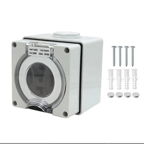Built Like A Tank 30 Amp Weatherproof Outdoor Power Outlet Box for EV Chargers, RV Campers and Generators with mounting screws.