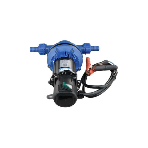 Heavy Duty 12 Volt Def Transfer Pump Handles 8 Gpm Antifreeze Or Washer Fluid No Sweat Compatible With Water Based Solutions Featuring Secure Hose Barb Connections For Easy Transfer, front view with blue fittings.