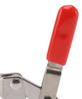 Close-up of red handle on Adjustable Toggle Clamp Latch In Stainless Steel Push Pull Tool for home decor and mechanical projects