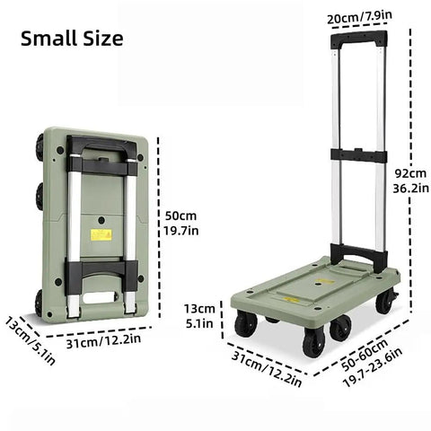 Adjustable Aluminum Folding Dolly With Six Wheels Heavy Duty Portable Hand Truck For Moving Boxes Groceries Luggage And More Includes Elastic Straps For Easy Transport And Rock Solid Stability, small size, 31x50cm folded
