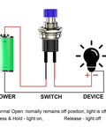 Diagram of 12 Pack 7mm Prewired Momentary Push Buttons SPST NO NC 2-Pin for Model Railways Hobby with circuit flow.