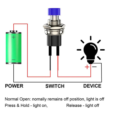 Diagram of 12 Pack 7mm Prewired Momentary Push Buttons SPST NO NC 2-Pin for Model Railways Hobby with circuit flow.