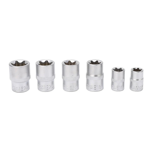 High-Strength E-Type Torx Socket Set Kit with 1/4, 3/8, 1/2 inch sockets, durable heat-treated steel, precise fit, six sockets shown