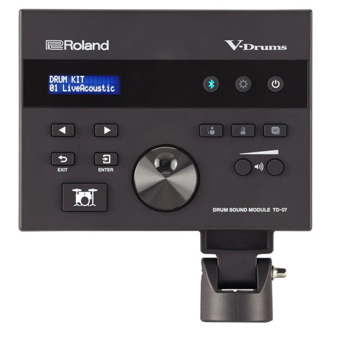 Close-up of TD-07KV Electronic V-Drums Kit control module with Bluetooth, USB recording, and MIDI features displayed.