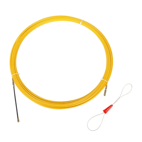 Sturdy 5M Fiberglass Fish Tape For Pulling Wires Fast, Solid Wire Puller Kit With Connector For Electrical Cables Through Walls And conduits In Homes Or Jobsites Durable Cable Loom Tool, yellow coil with pull loop