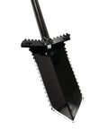 Close-up of NX6 Tempered Steel 36 Inch Shovel with double serrated blade and wide non-slip foot pegs for heavy duty digging root removal.