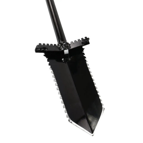 Close-up of NX6 Tempered Steel 36 Inch Shovel with double serrated blade and wide non-slip foot pegs for heavy duty digging root removal.