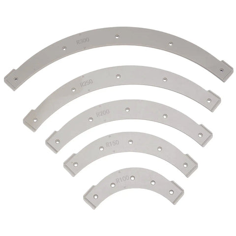 Five Piece Router Corner Radius Template Set With Removable Woodworking Jigs For Smooth Cabinet Edges Plus Sturdy Arc Cutting Guides showing five curved metal templates labeled R100 to R300.