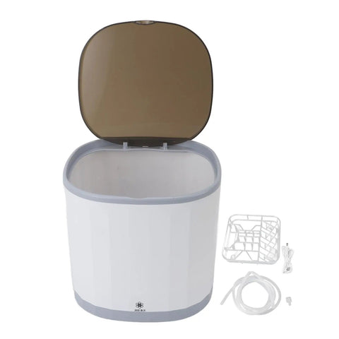 Tiny But Mighty Portable Mini Dishwasher With 360 Degree Directional Spray And Usb Battery For Countertop scrubbing plates, open lid view.